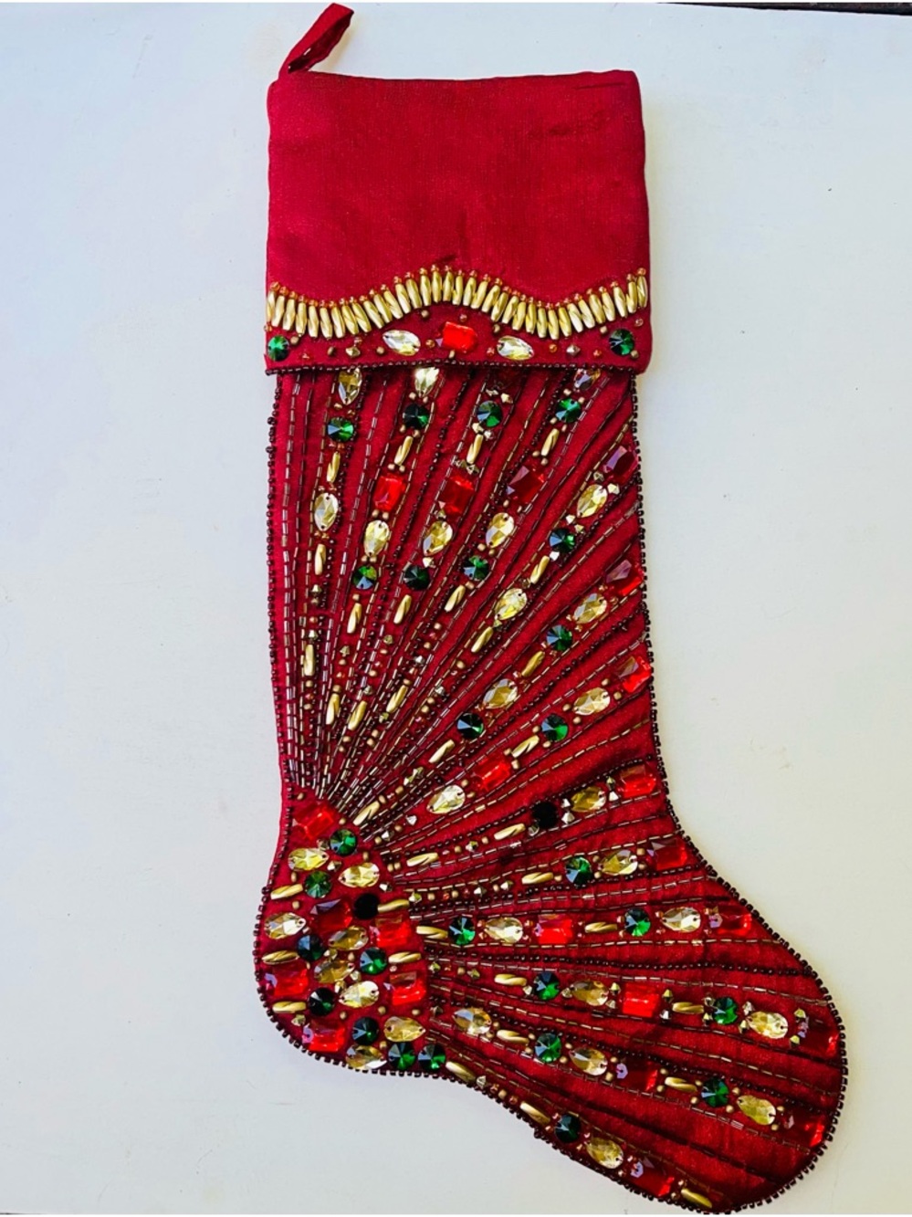 Kim Seybert Marvel Red Hand Beaded Holiday Stocking with Multicolor Gems